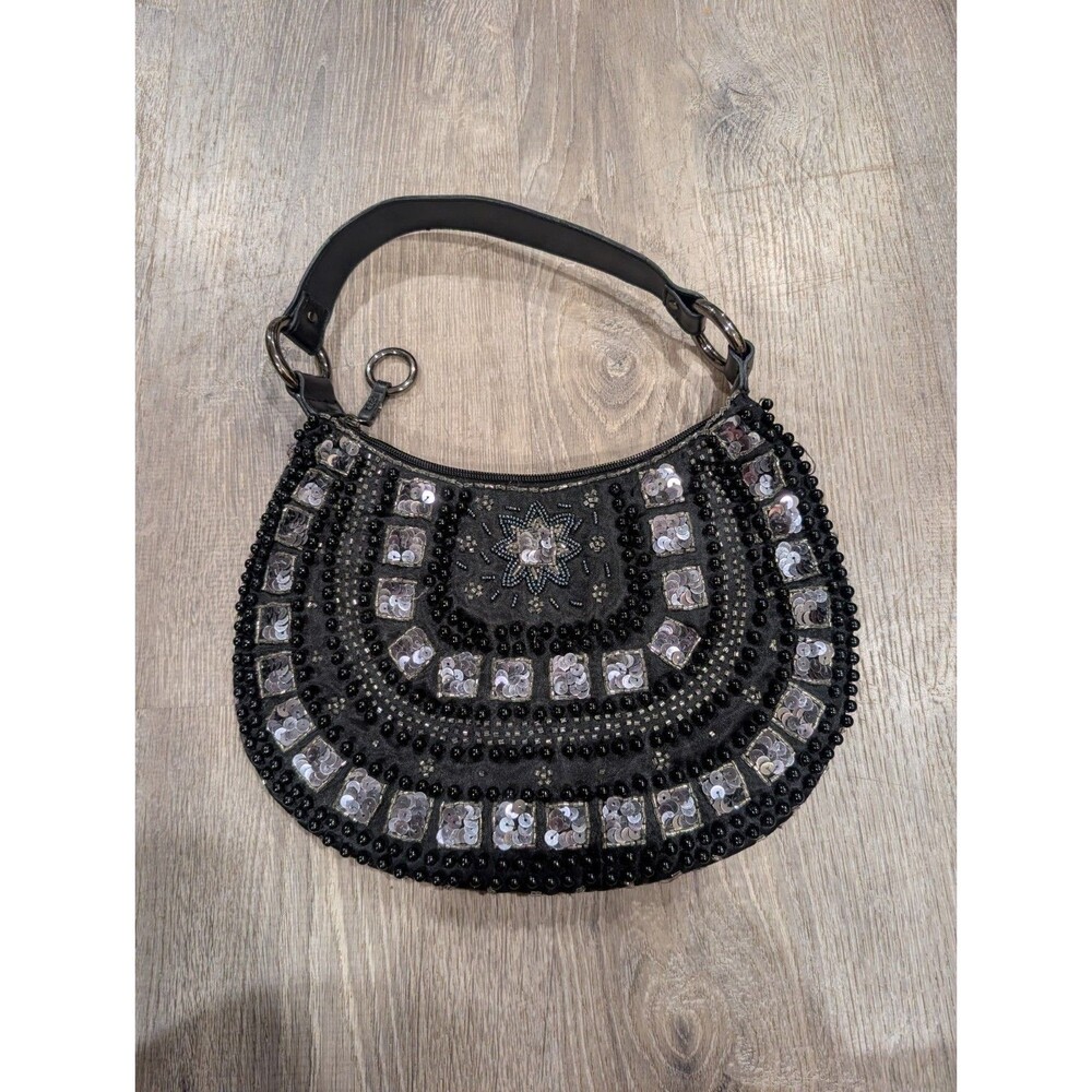 The Limited Vintage Y2K Black Beaded Crescent Bag Sequin Sunburst MiniHobo Purse